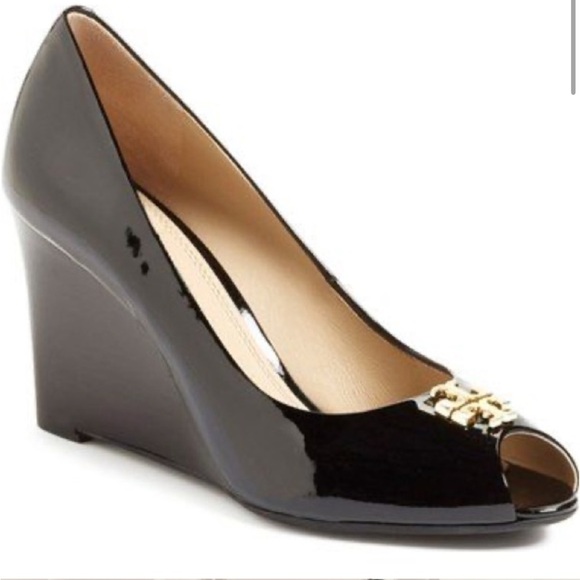 Tory Burch Jade Peep Toe Patent Leather Wedge Pumps Black Size 8 - Picture 12 of 12